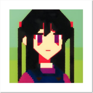 A pixel art picture of a girl with black hair with -_- Face Posters and Art